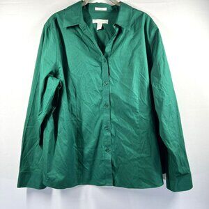 Chico's Blouse Size XL Solid Holiday Green Button Up Long Sleeve 100% Cotton